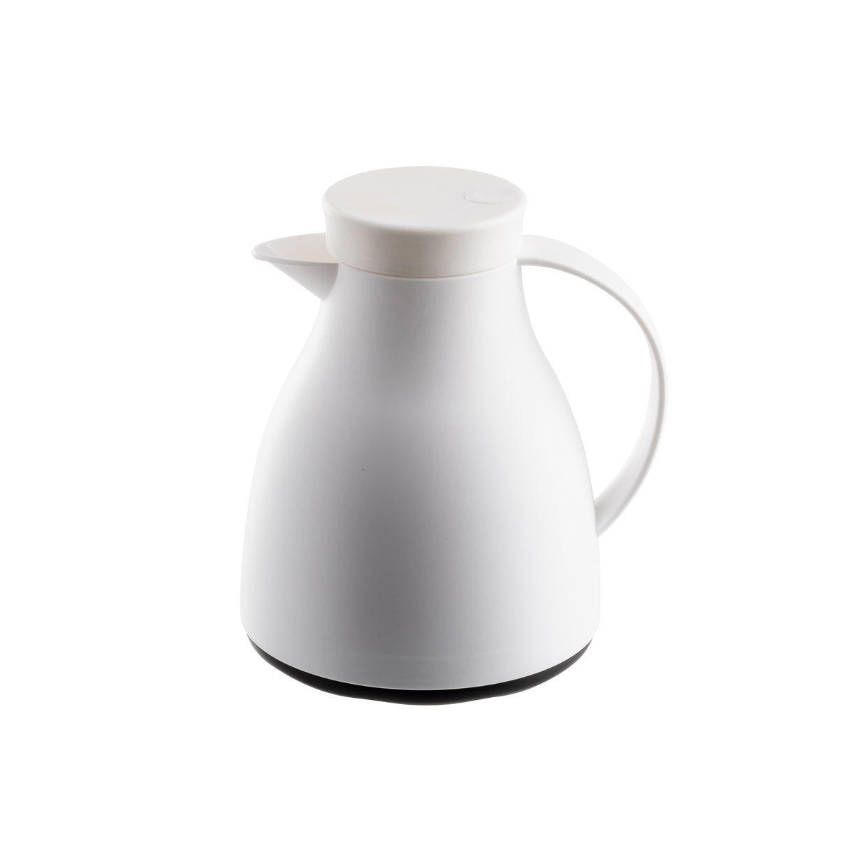 A modern, matte white 17 oz coffee carafe with a smooth, rounded body, curved handle, and spout. Vacuum insulated for lasting warmth, its flat lid fits snugly. The base is slightly darker than the body on a plain white background.