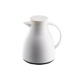 A modern, matte white 17 oz coffee carafe with a smooth, rounded body, curved handle, and spout. Vacuum insulated for lasting warmth, its flat lid fits snugly. The base is slightly darker than the body on a plain white background.