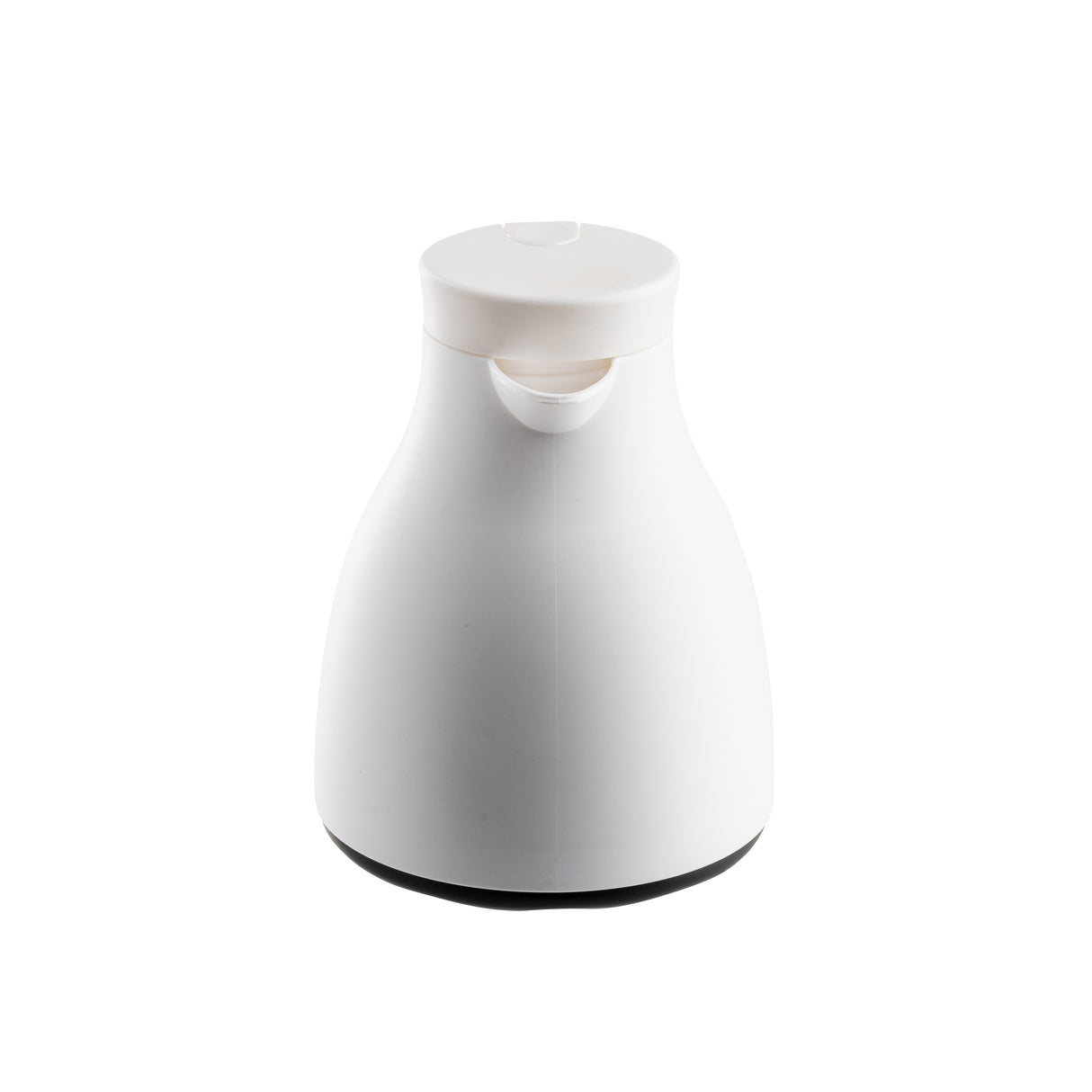 A white, modern, and minimalist 17 oz vacuum insulated coffee carafe with a curved body, a small spout at the top, and a flat round lid. The base is slightly wider and darker than the rest of the body. Set against a plain white background.