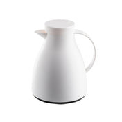 A white, modern, plastic coffee carafe with a rounded body, flat lid, and curved handle. Featuring a matte finish and short spout, this vacuum insulated carafe is set against a plain white background.