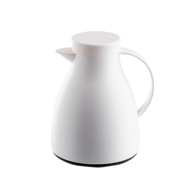 A white, modern, plastic coffee carafe with a rounded body, flat lid, and curved handle. Featuring a matte finish and short spout, this vacuum insulated carafe is set against a plain white background.