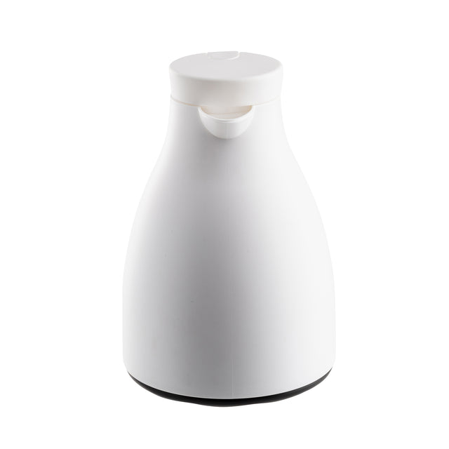 A modern, minimalist white coffee carafe with a glass liner and rounded body features a flat top lid and small spout for pouring. The smooth, handle-free design sits on a dark circular base against a white background.