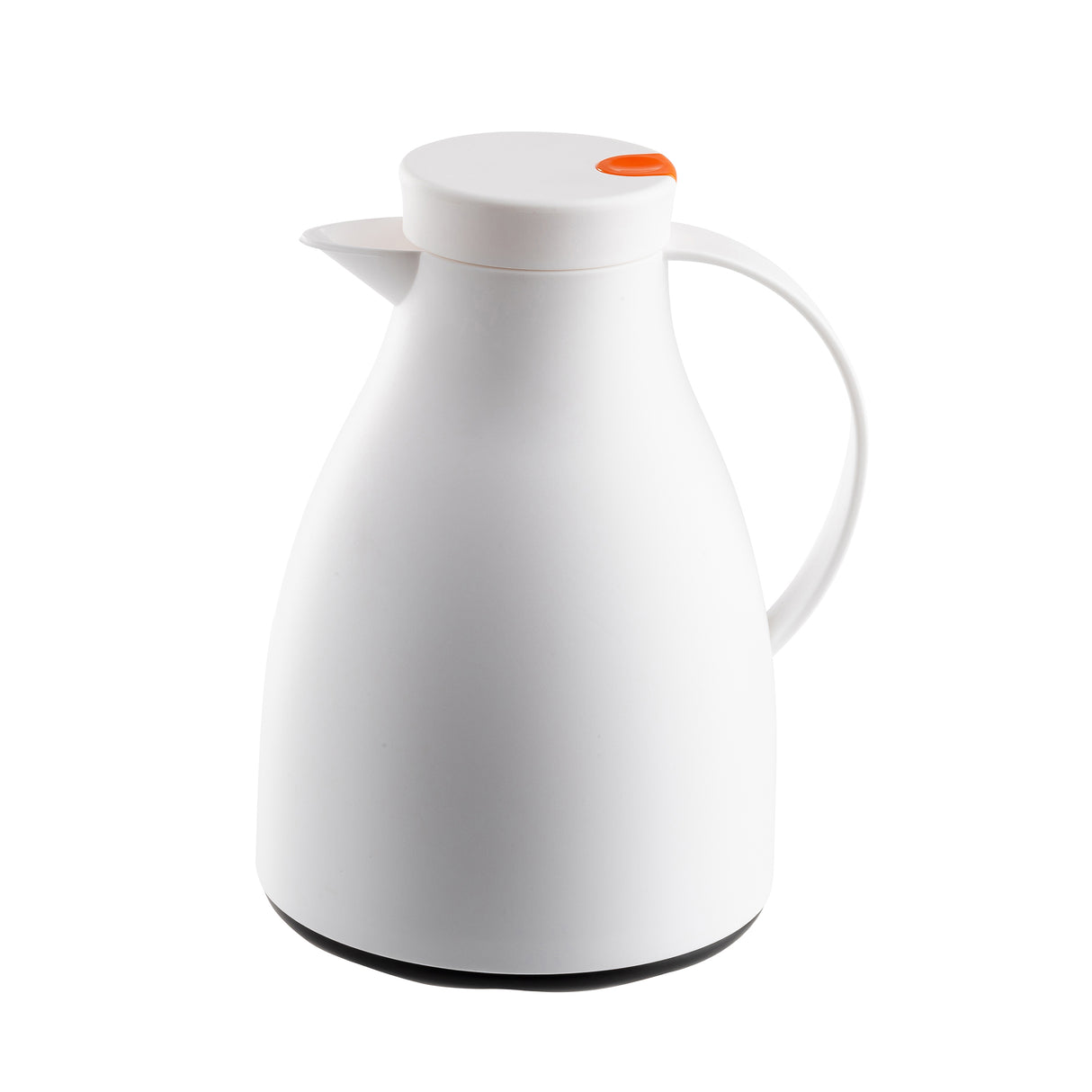 A white, matte-finished vacuum insulated coffee carafe with a wide, rounded body, curved handle, and short spout. The flat lid has a small orange button on the side. It sits on a white surface against a plain white background.