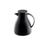 A matte black, modern coffee carafe with a curved body, side handle, and spout. Its vacuum insulated design keeps drinks hot or cold, while the snug lid features a small opening tab for easy pouring. Sleek and minimalist against a plain white background.