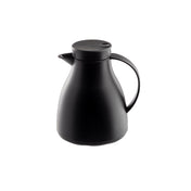 A matte black, modern coffee carafe with a curved body, side handle, and spout. Its vacuum insulated design keeps drinks hot or cold, while the snug lid features a small opening tab for easy pouring. Sleek and minimalist against a plain white background.