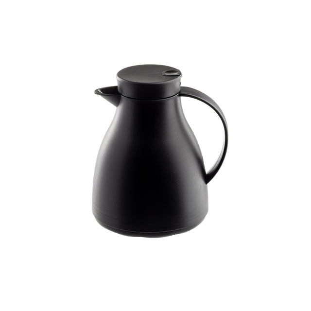 A matte black, modern coffee carafe with a curved body, side handle, and spout. Its vacuum insulated design keeps drinks hot or cold, while the snug lid features a small opening tab for easy pouring. Sleek and minimalist against a plain white background.