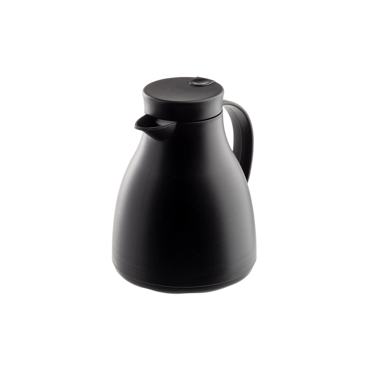 A matte black, modern vacuum insulated coffee carafe with a rounded 17 oz body, short spout, and curved handle. The flat lid features a small button, and the carafe is set against a plain white background.