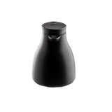 A matte black, vacuum insulated 17 oz coffee carafe with a wide bottom, curved body, flat lid, and small pour spout. Minimalistic and modern in design, it is handle-free and isolated on a white background.