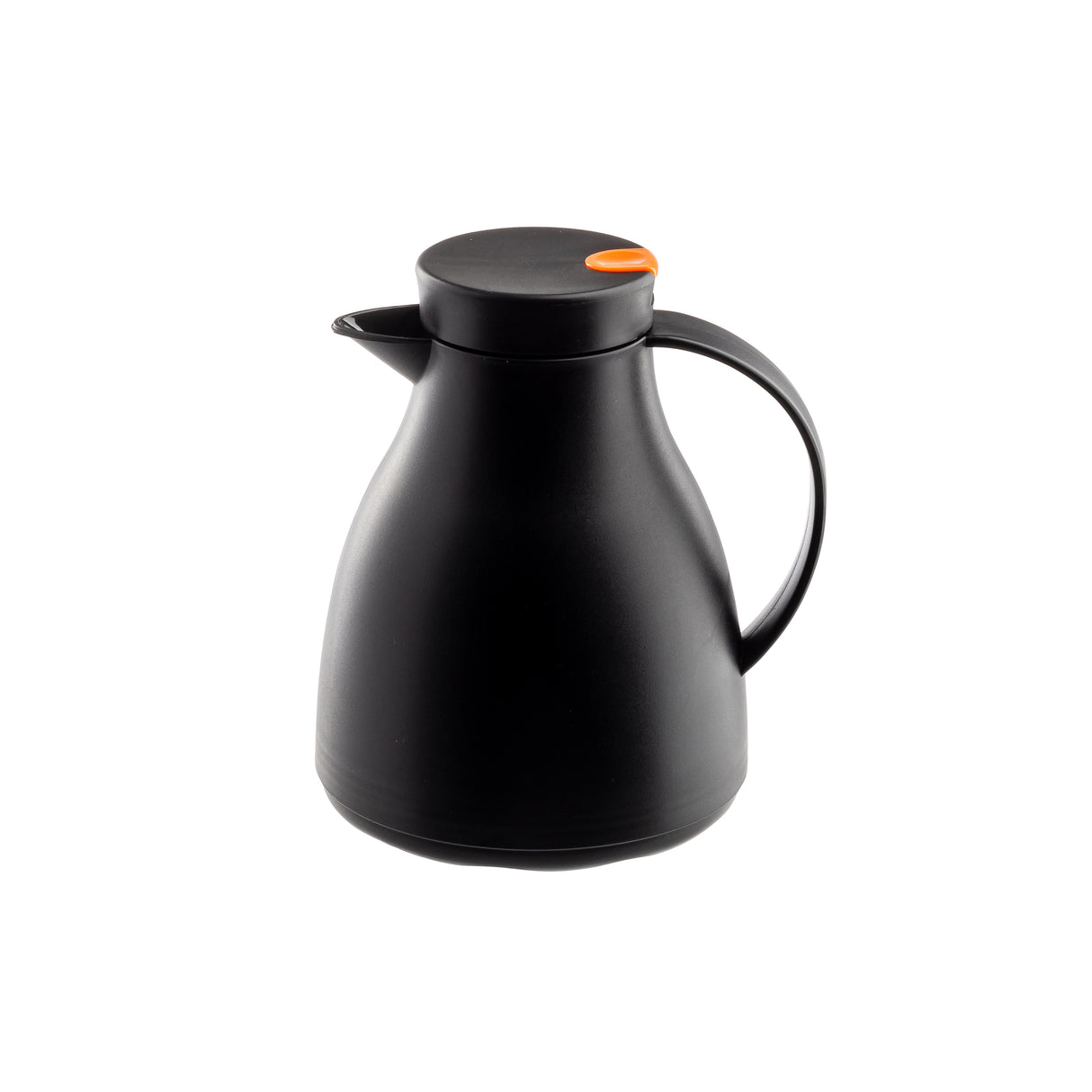 A matte black, modern vacuum insulated coffee carafe with a curved body, wide spout, and handle. The 17 oz carafe features a flat lid with a small orange tab on one side, and is shown against a plain white background.