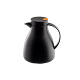 A matte black, modern vacuum insulated coffee carafe with a curved body, wide spout, and handle. The 17 oz carafe features a flat lid with a small orange tab on one side, and is shown against a plain white background.
