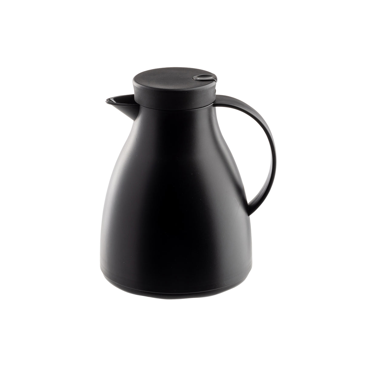 A matte black, modern thermal coffee carafe with a curved body, vacuum insulated glass liner, rounded lid, and sleek handle, placed against a plain white background.