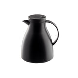 A matte black, modern thermal coffee carafe with a curved body, vacuum insulated glass liner, rounded lid, and sleek handle, placed against a plain white background.