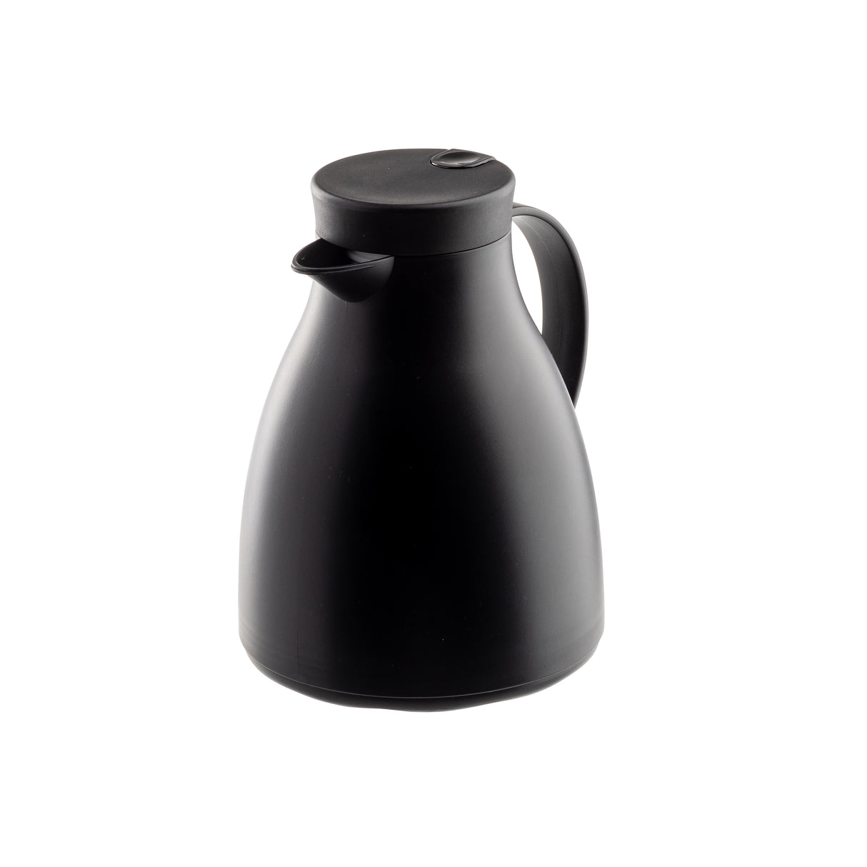 A matte black, modern coffee carafe with a curved body, right-side handle, short spout, and round fitted lid with a small button. The vacuum insulated design keeps drinks hot or cold as it sits on a white background.