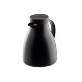A matte black, modern coffee carafe with a curved body, right-side handle, short spout, and round fitted lid with a small button. The vacuum insulated design keeps drinks hot or cold as it sits on a white background.