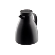 A matte black, modern coffee carafe with a curved body, right-side handle, short spout, and round fitted lid with a small button. The vacuum insulated design keeps drinks hot or cold as it sits on a white background.