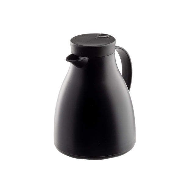 A matte black, modern coffee carafe with a curved body, right-side handle, short spout, and round fitted lid with a small button. The vacuum insulated design keeps drinks hot or cold as it sits on a white background.