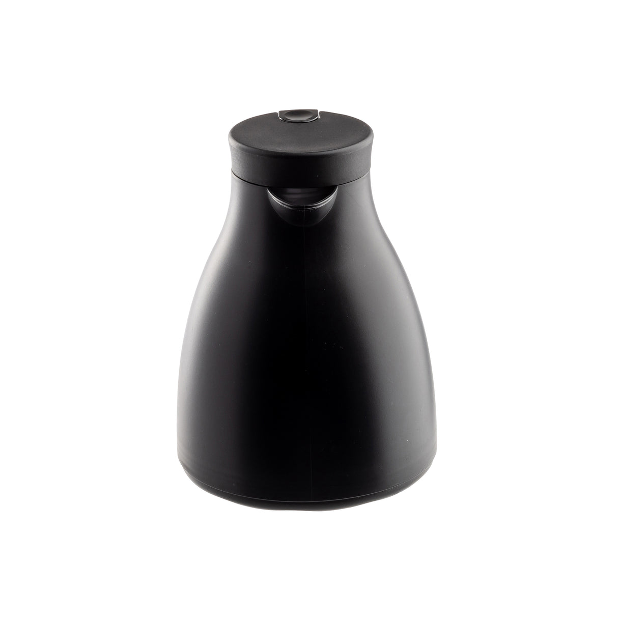 A black, modern vacuum insulated coffee carafe with a matte finish and rounded body. It features a short spout, pronounced curved handle, glass liner, and flip-top lid, all centered on a plain white background with no visible branding.