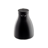 A black, modern vacuum insulated coffee carafe with a matte finish and rounded body. It features a short spout, pronounced curved handle, glass liner, and flip-top lid, all centered on a plain white background with no visible branding.