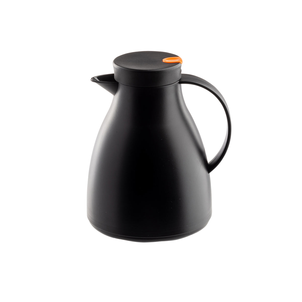 A matte black, vacuum insulated coffee carafe with a curved body, side handle, and spout. The flat, round lid features a small orange button or tab on top. This carafe has a glass liner and is shown against a plain white background.
