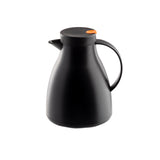 A matte black, vacuum insulated coffee carafe with a curved body, side handle, and spout. The flat, round lid features a small orange button or tab on top. This carafe has a glass liner and is shown against a plain white background.