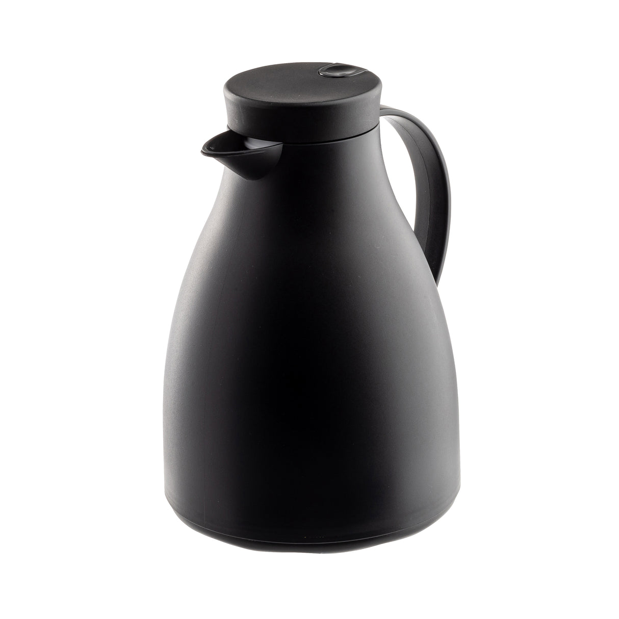 A matte black vacuum insulated carafe with a rounded body, curved handle, narrow spout, and flat lid. Shot on a plain white background, this coffee carafe showcases a sleek, modern design perfect for keeping drinks hot or cold.