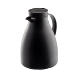 A matte black vacuum insulated carafe with a rounded body, curved handle, narrow spout, and flat lid. Shot on a plain white background, this coffee carafe showcases a sleek, modern design perfect for keeping drinks hot or cold.