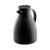 A matte black vacuum insulated carafe with a rounded body, curved handle, narrow spout, and flat lid. Shot on a plain white background, this coffee carafe showcases a sleek, modern design perfect for keeping drinks hot or cold.