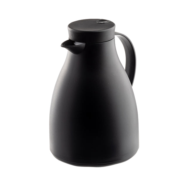 A matte black vacuum insulated carafe with a rounded body, curved handle, narrow spout, and flat lid. Shot on a plain white background, this coffee carafe showcases a sleek, modern design perfect for keeping drinks hot or cold.
