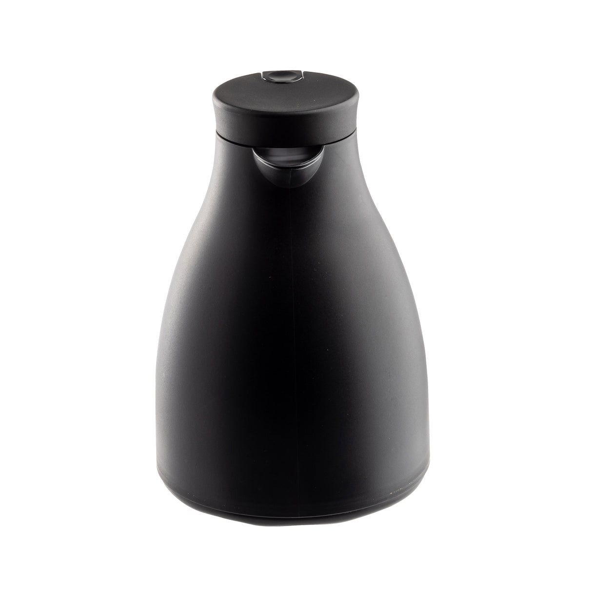 A matte black, modern coffee carafe with a rounded body, small spout, and flat, circular lid. This vacuum insulated jug features a minimalist design with no visible handle and sits on a plain white background.