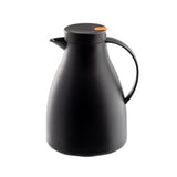 A matte black, modern coffee carafe with a curved body, rounded handle, small spout, and black lid featuring an orange button. This vacuum insulated carafe is shown on a white background.