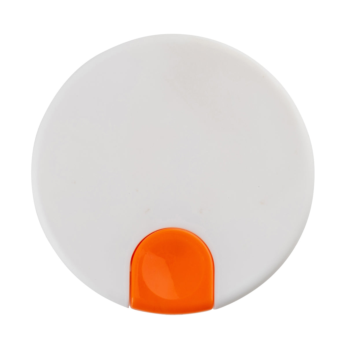 A round, flat white Decaf Lid with a smooth surface, featuring a small, glossy orange semi-circular section at the bottom edge—possibly a button or latch. The object is photographed from above on a plain white background.