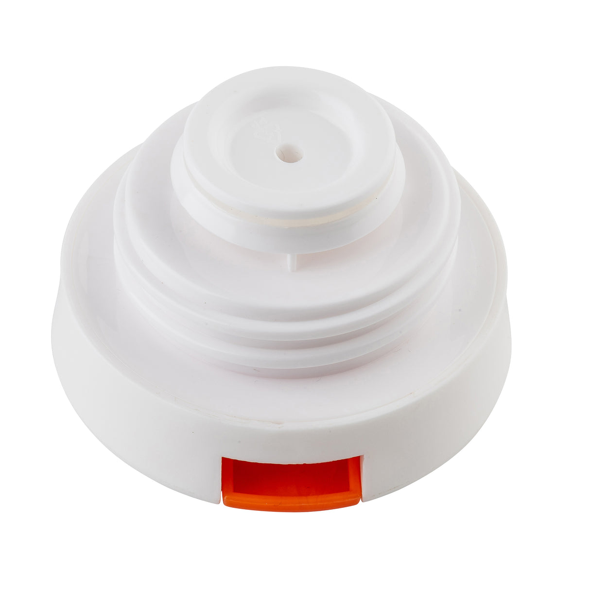 A white, round Decaf Lid with a small central hole sits on a white background. Layered circular ridges and a rectangular orange latch are visible at the side near the base, designed to fit a TableCraft Coffee Carafe.