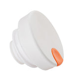 A white, round plastic Decaf Lid with a wide, flat top and a small orange push button on the edge. The cap features threading for securing onto a Coffee Carafe and is photographed against a white background.