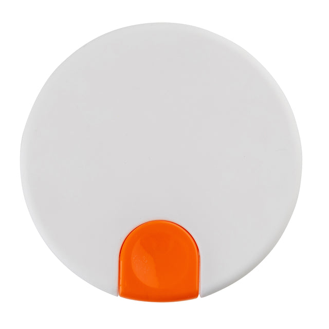 A round, flat white object with a smooth surface, this item resembles a Coffee Carafe Lid, featuring a small, curved orange section at the bottom edge that may indicate it's a Decaf Lid. The background is solid white.