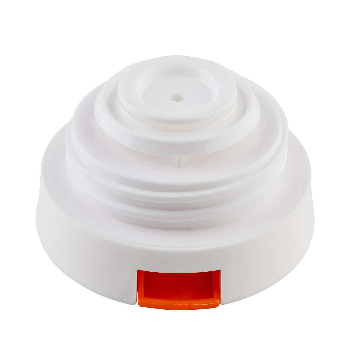 A white, round plastic bottle cap with layered rings and a small central hole. An orange rectangular push tab at the base suggests it’s a flip-top TableCraft 12670 Decaf Lid, ideal as a coffee carafe lid. The background is plain white.