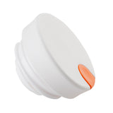 A white, round plastic Coffee Carafe Lid with a smooth surface and a small, oval-shaped orange tab on the side. The TableCraft 12670 cap features threading on the lower edge for screwing onto a bottle. The background is plain white.