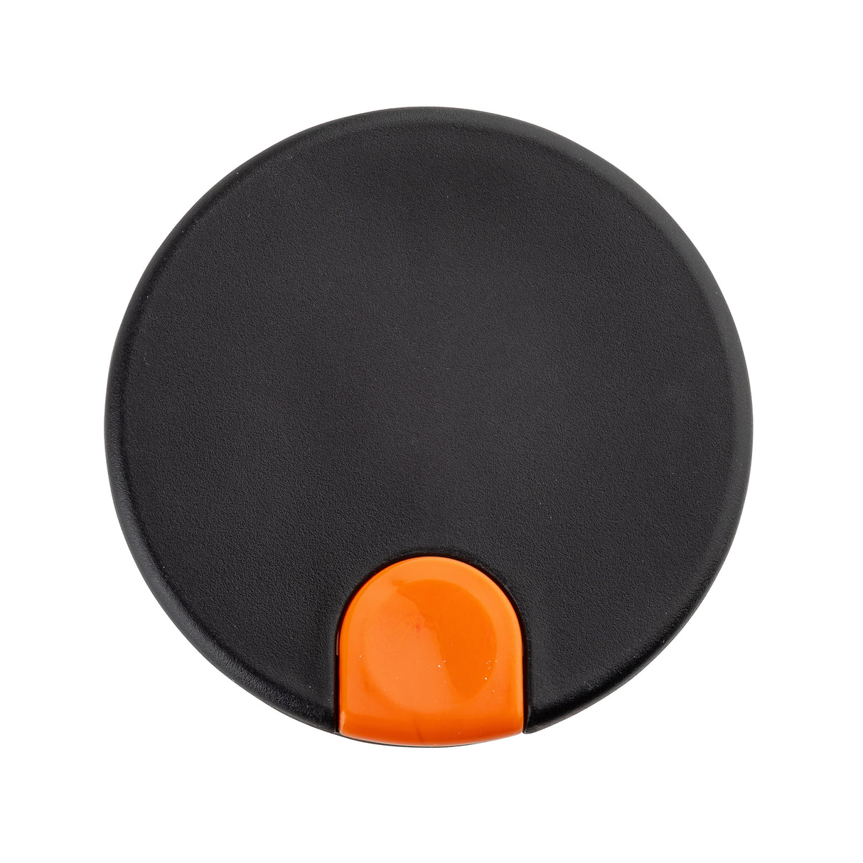 A round, flat black plastic object resembling a TableCraft coffee carafe lid, with a small semicircular orange tab at the bottom edge, is photographed top-down against a white background. The matte surface suggests it could be a decaf lid.