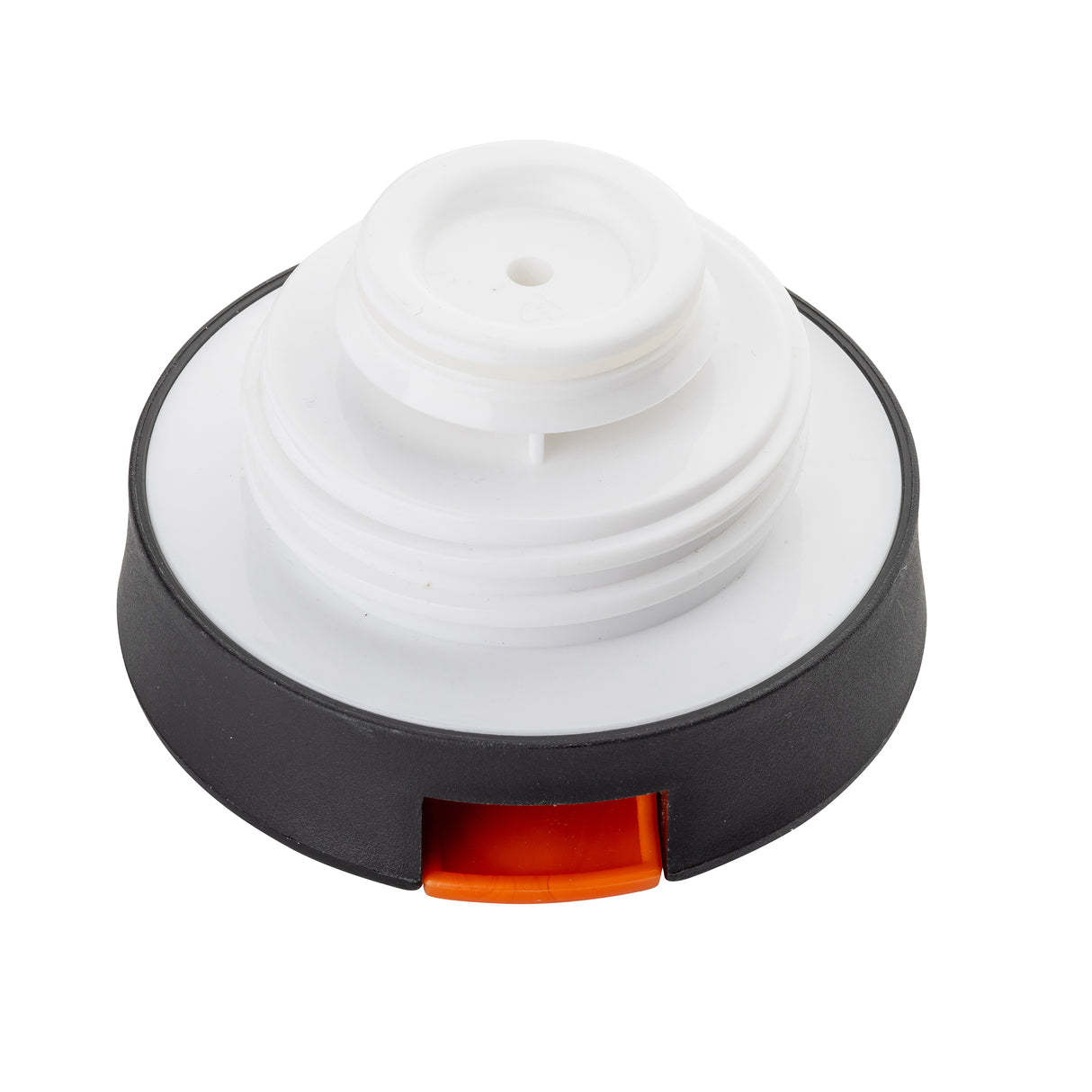 A round plastic coffee carafe lid with a white top and black base, featuring threading for sealing. There is a central circular opening and an orange rectangular tab on the side. The smooth TableCraft surface is photographed on a white background.