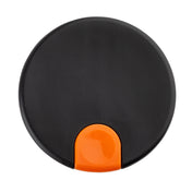 A circular black Decaf Lid, possibly for a Coffee Carafe, with a small, rounded orange section at the bottom center. The image is taken from above against a white background.