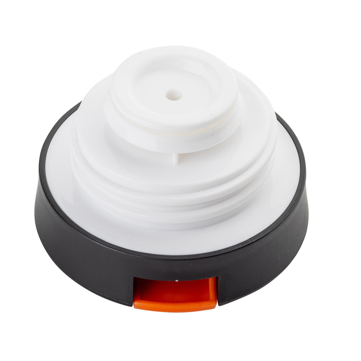 A round, white plastic Decaf Lid with a black outer ring and an orange rectangular push-button. The top has circular ridges and a central hole, ideal as a dispenser or safety closure for a Coffee Carafe. The background is plain white.