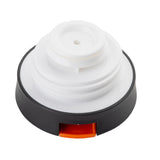 A round, white plastic Decaf Lid with a black outer ring and an orange rectangular push-button. The top has circular ridges and a central hole, ideal as a dispenser or safety closure for a Coffee Carafe. The background is plain white.