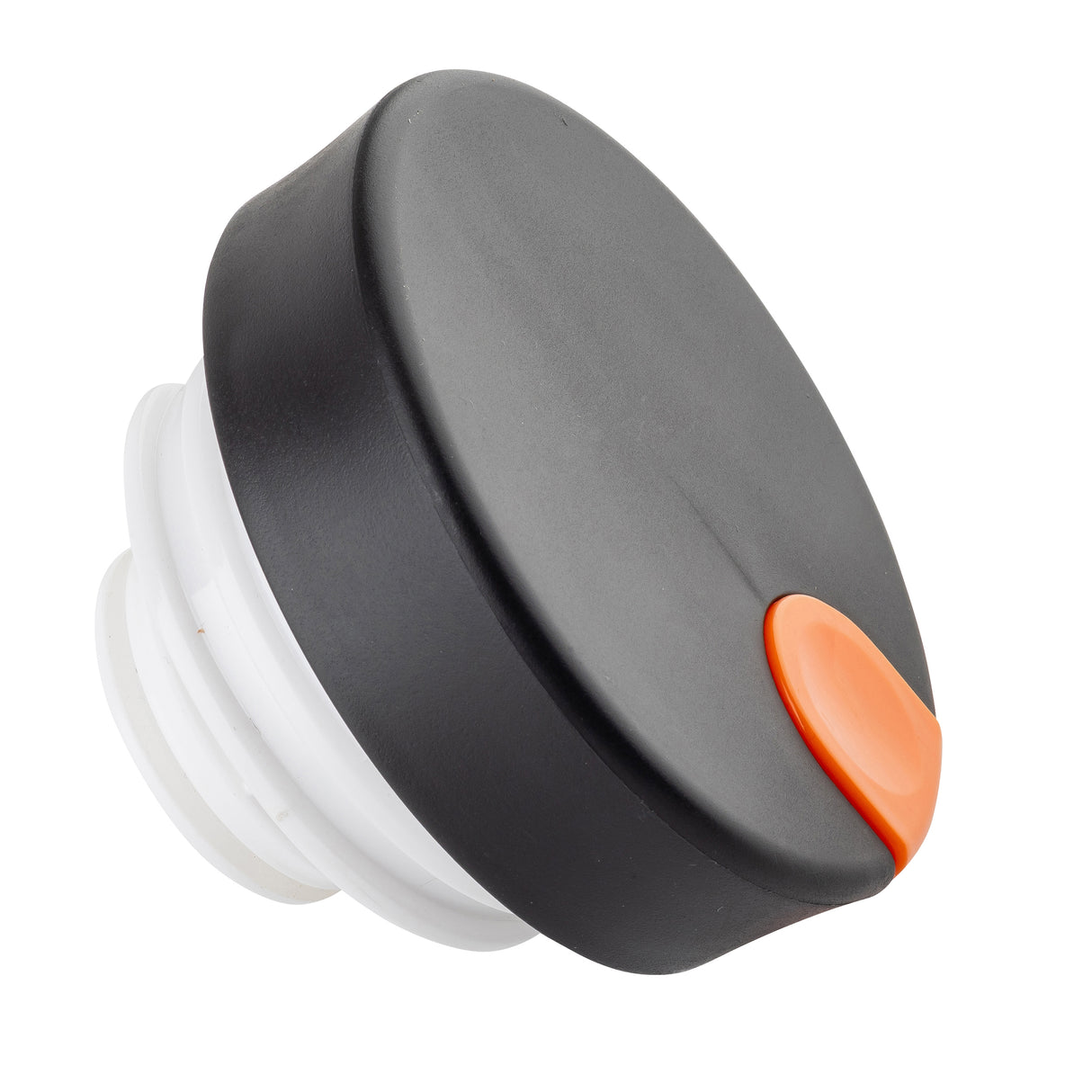 A black plastic Coffee Carafe cap with a white threaded base and an orange push-button feature, designed for secure sealing and easy opening. This Decaf Lid by TableCraft Products is photographed against a white background.