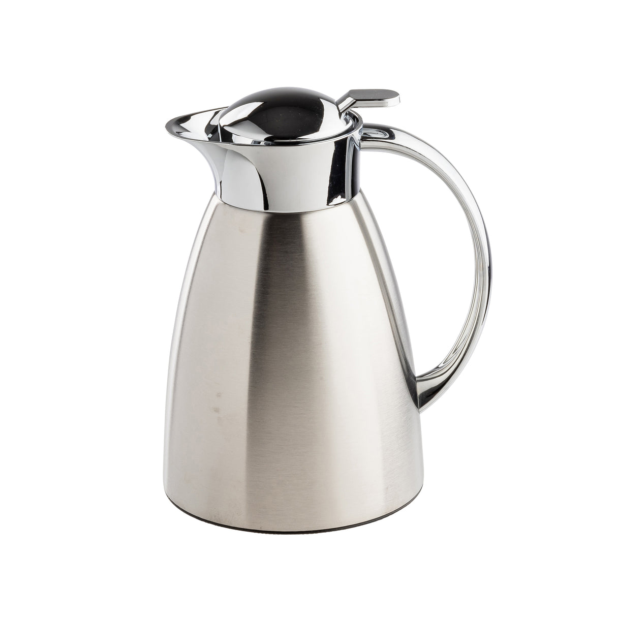 A 34 oz stainless steel coffee carafe with a rounded, tapered body and a shiny, chrome-finished lid and handle, isolated on a white background. The lid has a spout and a small lever for easy pouring.