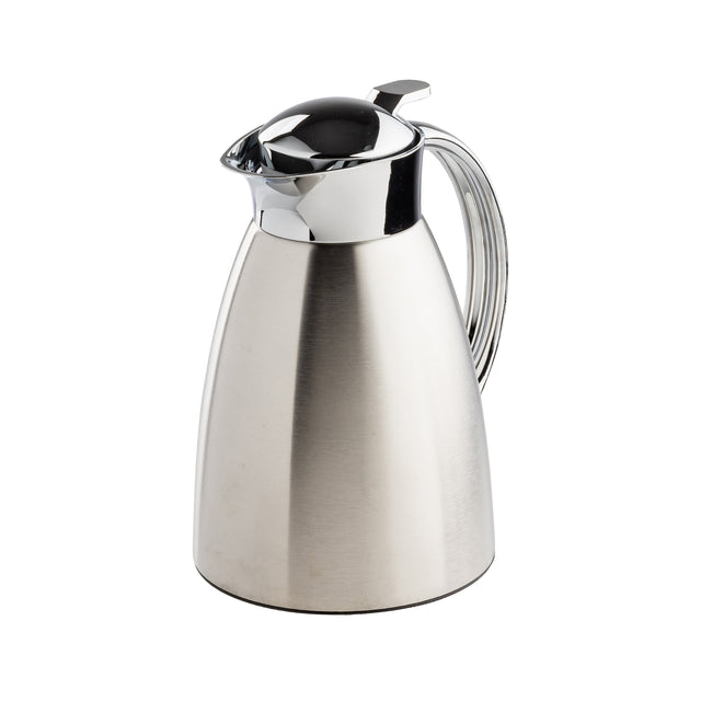 A sleek, modern 34 oz stainless steel coffee carafe with a shiny, reflective surface and a chrome-plated lid and handle, isolated on a white background. Designed to keep beverages hot or cold.