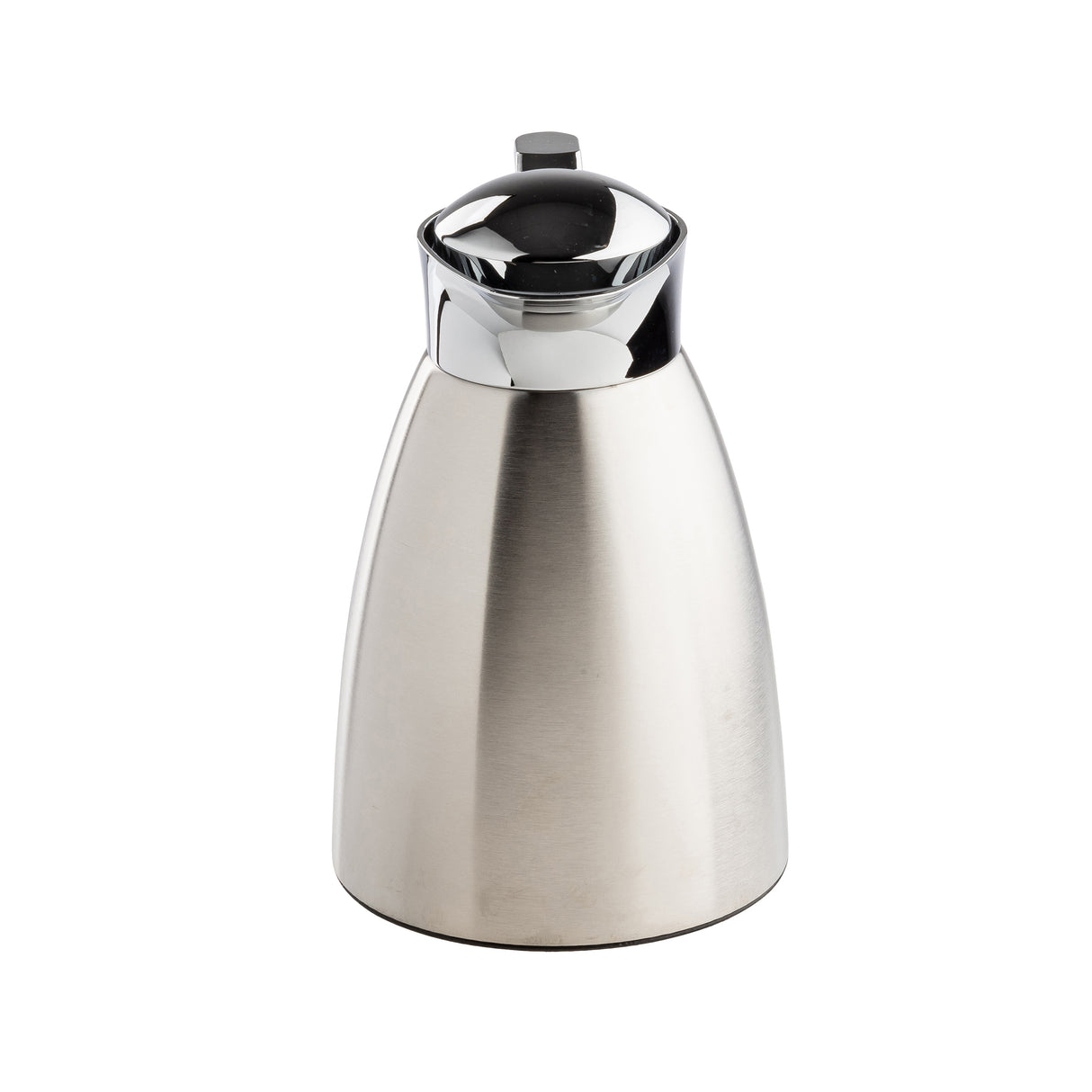 A 34 oz stainless steel coffee carafe with a shiny, reflective chrome lid and a small lever handle on top, shown against a plain white background. The carafe has a sleek, modern, slightly tapered cylindrical design.