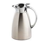This 50 oz stainless steel coffee carafe features a polished, reflective lid and handle. Its wide base tapers gracefully to the top, offering a sleek, modern design with a brushed metal finish and an easy-pour spout.