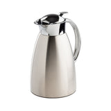 A modern, sleek 50 oz coffee carafe with a curved stainless steel body, shiny chrome lid and handle. The spout allows for easy pouring, making it ideal for serving hot beverages. Sits elegantly on a white background.