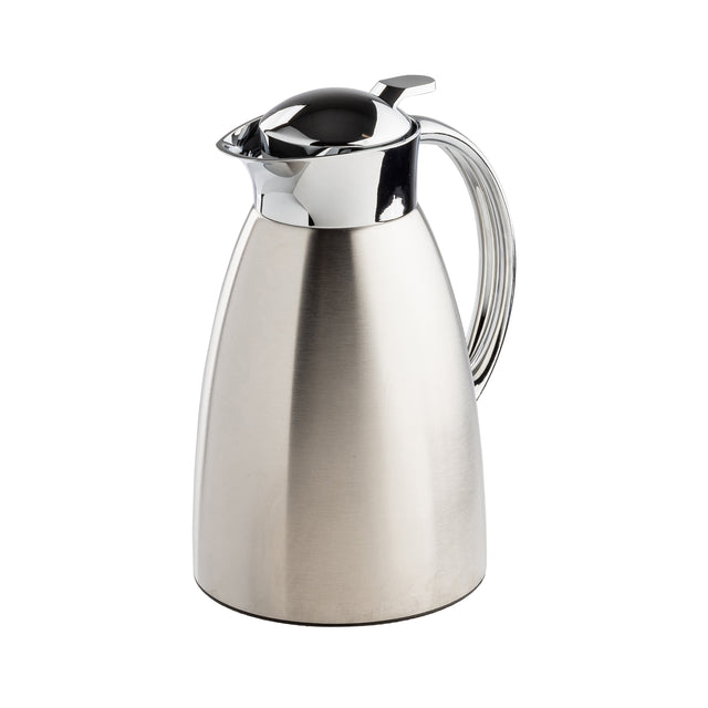 A modern, sleek 50 oz coffee carafe with a curved stainless steel body, shiny chrome lid and handle. The spout allows for easy pouring, making it ideal for serving hot beverages. Sits elegantly on a white background.