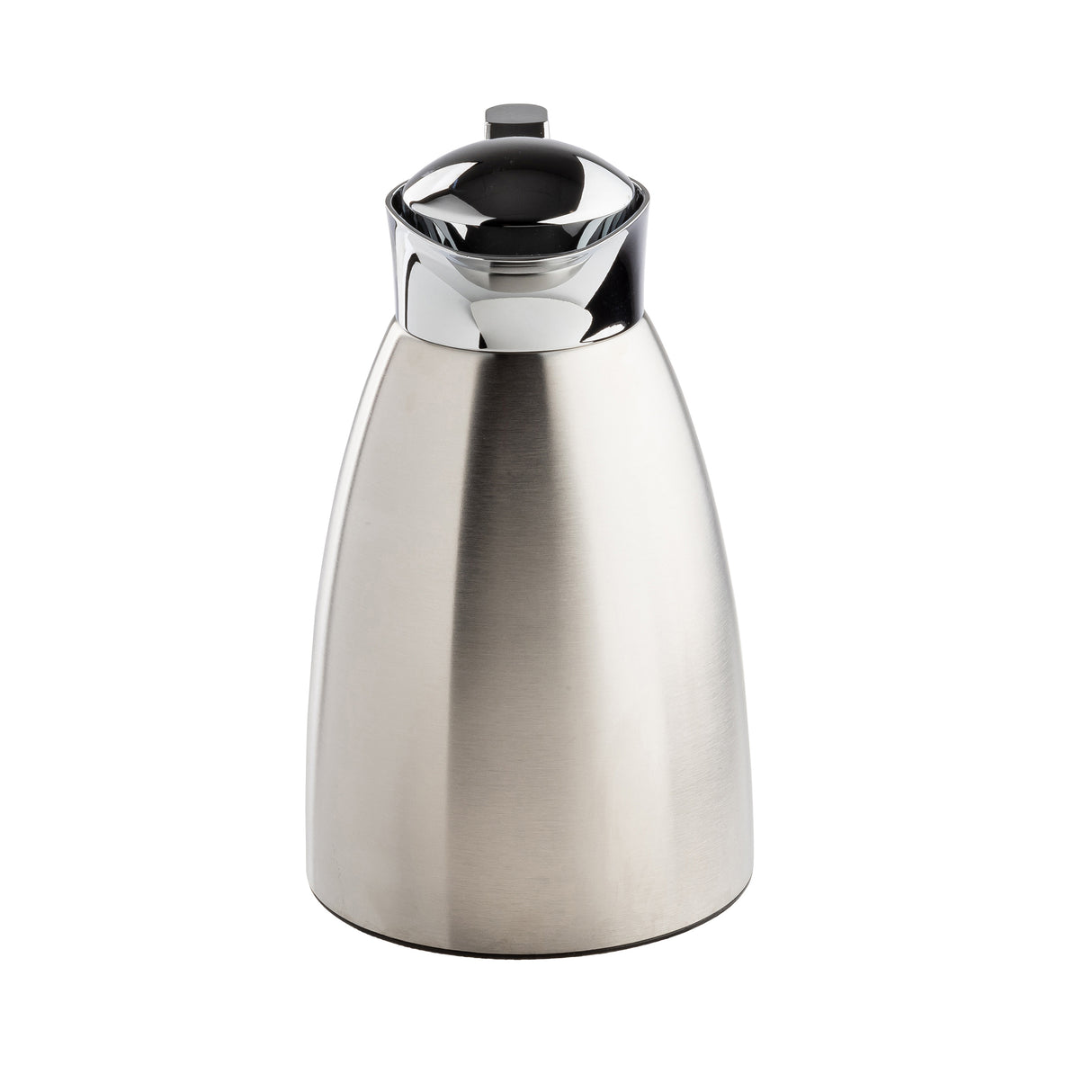 A sleek, modern coffee carafe with a matte silver stainless steel body and shiny reflective lid. The 50 oz carafe features a slightly tapered shape with no visible handle, sitting elegantly on a white background.