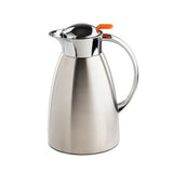 This 50 oz stainless steel coffee carafe features a shiny, reflective lid and handle. Its modern, tapered design includes an orange lever for easy pouring and is photographed against a white background.